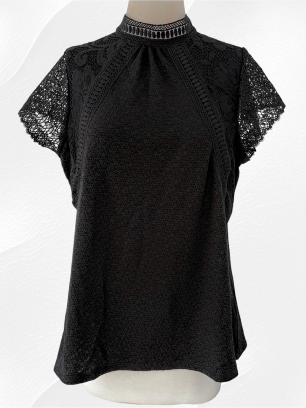 Cable & Gauge Black Lace High Collar Cap Sleeve Textured Blouse ~ Women’s XL